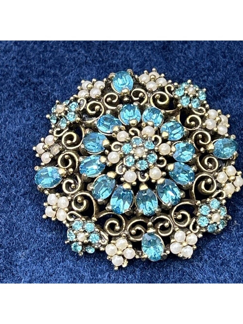 Flower Rosette Blue Rhinestones Faux Pearls Vintage Gold Tone Brooch